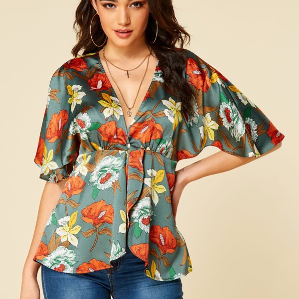 YOINS Army Green Pleated Floral Print Deep V Neck Blouse 2