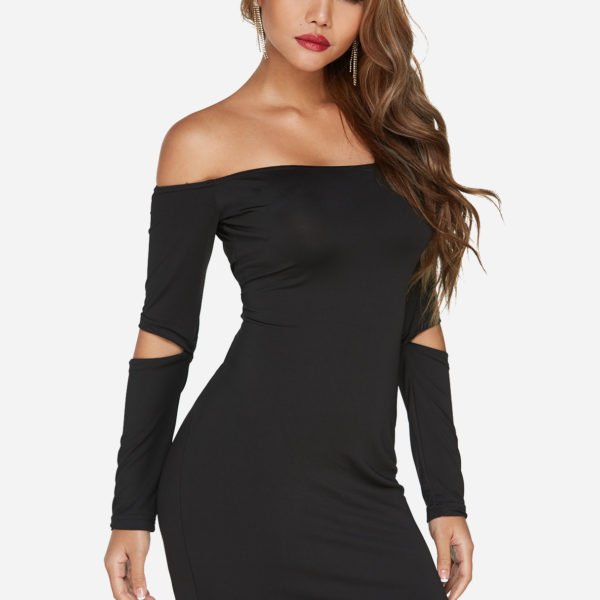 Black Plain Off The Shoulder Long Sleeves Party Dresses 2