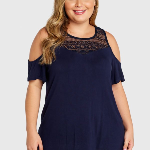 Plus Size Navy Lace Insert Cold Shoulder Half Sleeves Tee 2