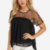 Black Parially Lined Embroidered Crew Neck Mesh Top 3
