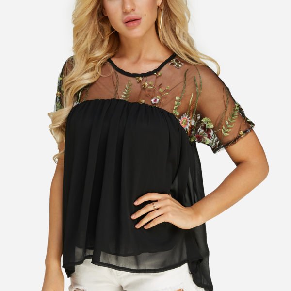 Black Parially Lined Embroidered Crew Neck Mesh Top 2