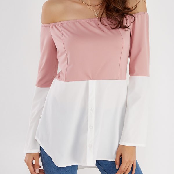 Pink & White Off Shoulder Long Sleeves T-shirt 2