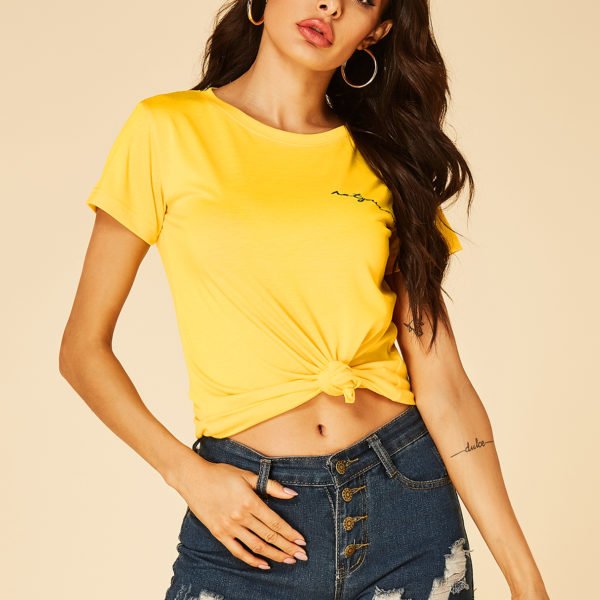Yellow Letter Print Round Neck Short Sleeves Tee 2