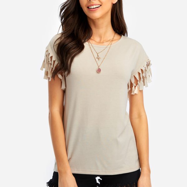 Khaki Scoop Neck T-shirt With Tassel Details 2