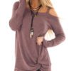 Dusty Mauve Crossed Front Design Plain One Shoulder Long Sleeves T-shirts 3