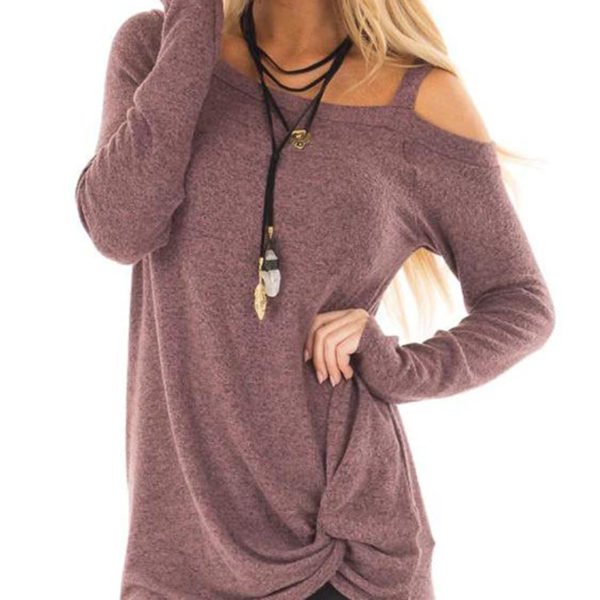 Dusty Mauve Crossed Front Design Plain One Shoulder Long Sleeves T-shirts 2