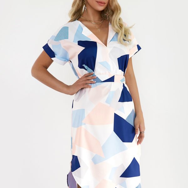 Random Geometrical Pattern Round Neck Short Sleeves Mini Dress 2