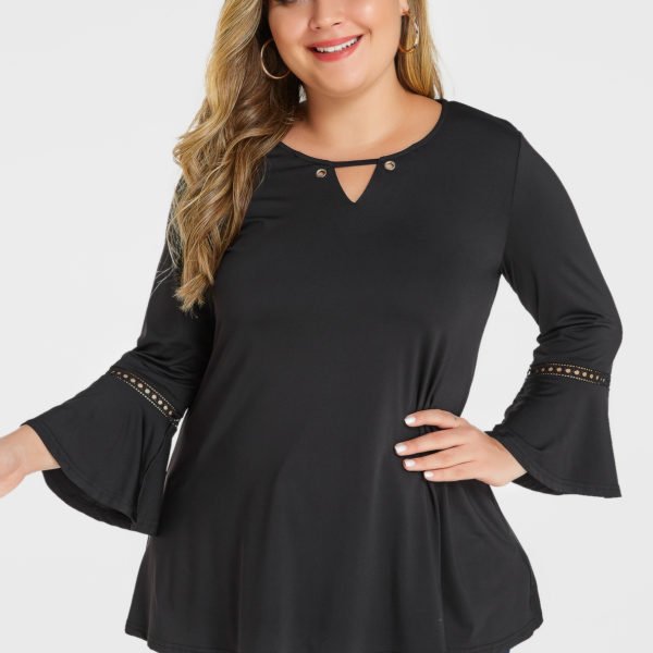 Plus Size Black Round Neck Bell Sleeves Tee 2