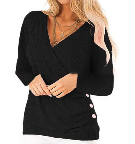 Button Design V-neck Long Sleeves Sweater 2
