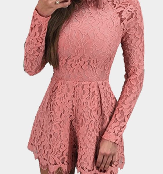 Pink Open Back Eyelash Trim Sexy Lace Playsuits 2