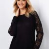 Black Lace Insert Round Neck Long Sleeves Knitted Top 3
