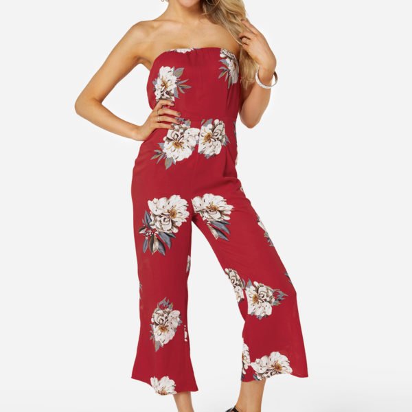 Random Floral Print Strapless Jumpsuit in Red 2