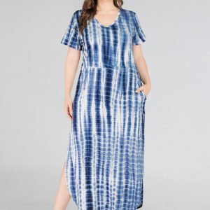 Plus Size Blue Slit Design Tie Dye V-neck Short Sleeves Dress