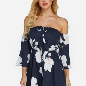 Navy Self-tie Design Random Floral Print Off Shoulder Playsuit