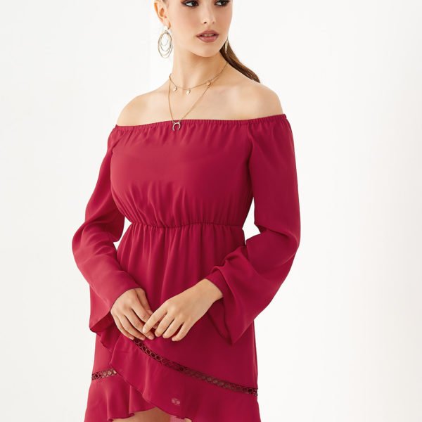 YOINS Burgundy Hollow Design Off The Shoulder Dress 2
