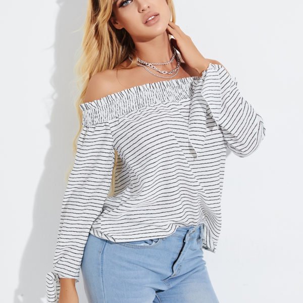 YOINS White StripedOff The Shoulder Long Sleeves Blouse 2