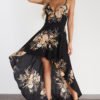 Black Random Floral Print Backless Design Halter Dress with High-low Hem 3