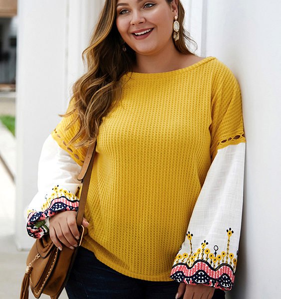 Plus Size Yellow Patchwork Embroidered Round Neck Sweater 2