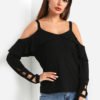 Black Off-The-Shoulder Ruffle Overlay Cutout Cold Shoulder Tees 3