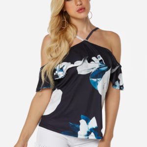 Black Elastic Strap Floral Print Halter Off Shoulder Half Sleeves Blouses