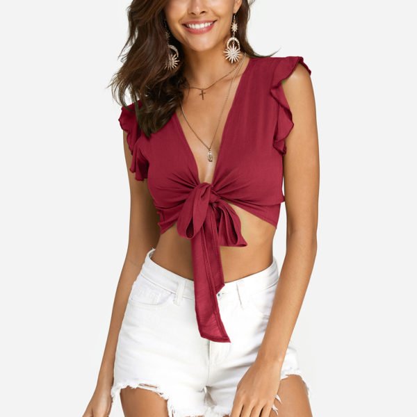 Red Lace-up Design V-neck Sleeveless Crop Top 2