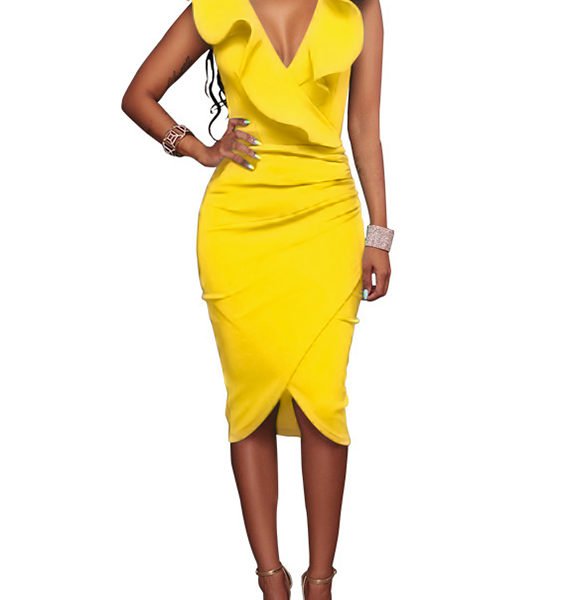 Yellow Crossed Front Design Zip Side Ruffle V-neck Midi Dress 2