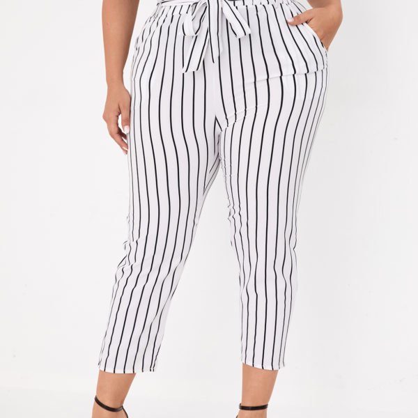 Plus Size White Belt Design Striped Pants 2