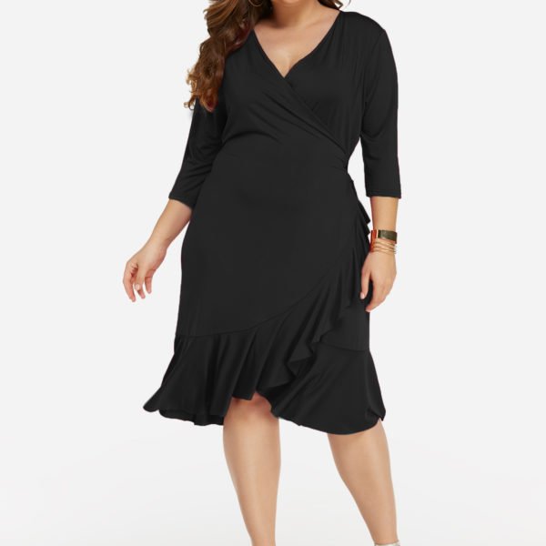 Plus Size Black V-neck Wrap Design Ruffle Trim Dress 2