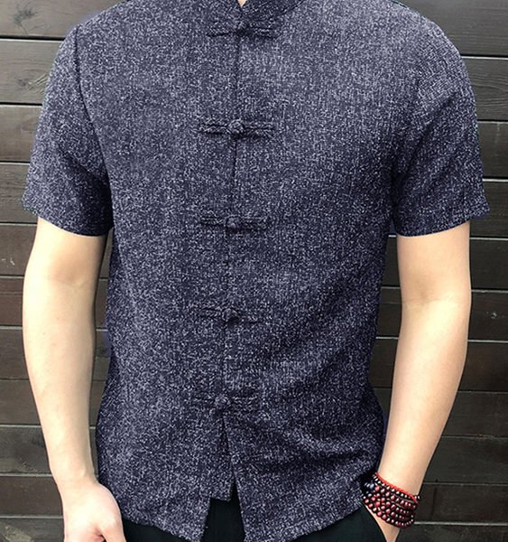 Men Vintage Stand Collar Short Sleeve Shirt 2