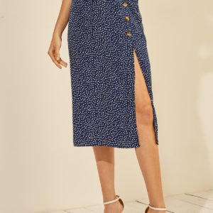 Navy Button Design Wave Slit Hem Skirt