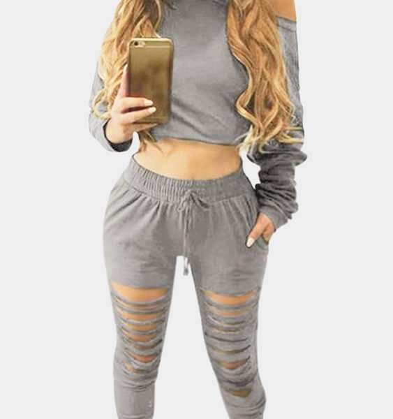 Grey Two Piece Outfits with Cut Out Details 2