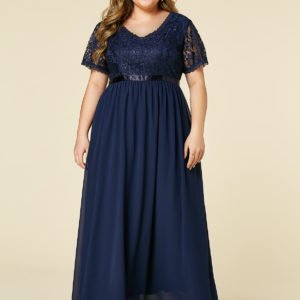 YOINS Plus Size Navy Lace Insert Short Sleeves Dress