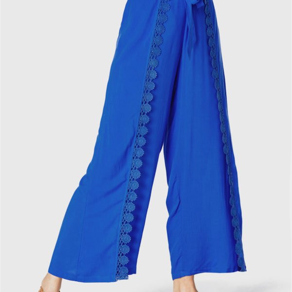 YOINS Royal Blue Crochet Lace Embellished Tie-up Design Pants 2