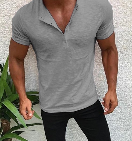 Men Button Design Half Cardigans Short Sleeve Slim Fit Casual T-Shirt 2