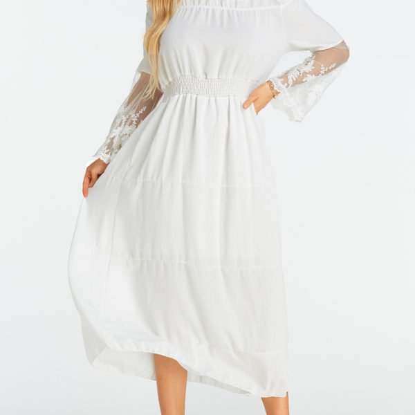 White Lace Insert Off The Shoulder Flared Sleeves Dress 2