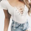Deep V-neck Lace-up Front Rib Bodysuit in White 3