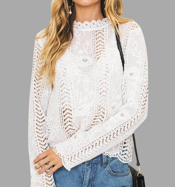 White Hollow Details Lace Insert Blouses 2