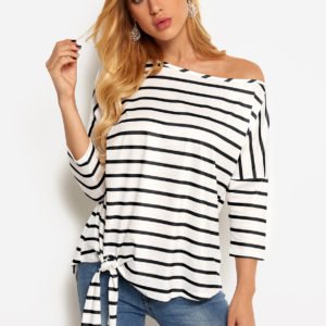 Black Self-tie Design Stripe One Shoulder Design Long Sleeves Blouses