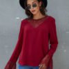 YOINS Burgundy Lace Details Round Neck Long Sleeves Blouse 3