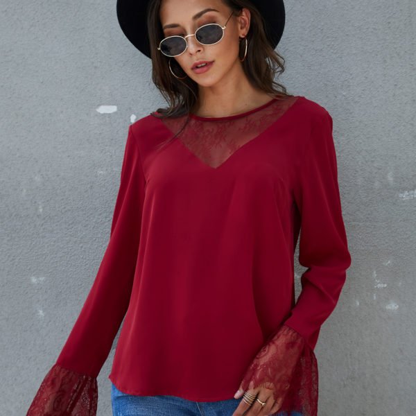YOINS Burgundy Lace Details Round Neck Long Sleeves Blouse 2