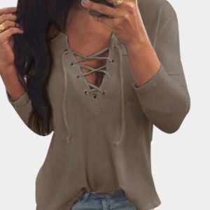 V Neck Lace Up Front Loose T-shirt in Khaki