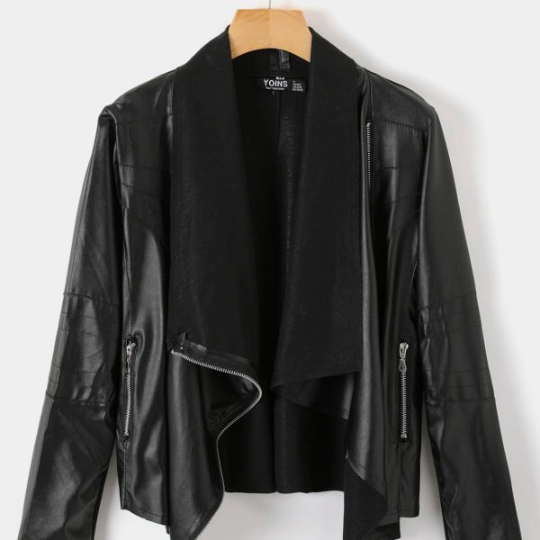 Black Zip Front Leather Jacket 2