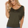 Army Green Scoop Neck Cold Shoulder Tie-up at Back Tee 3