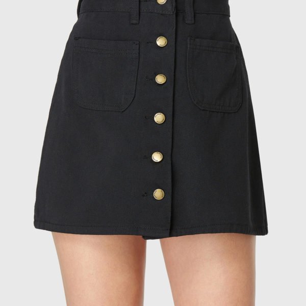 Black Denim Pockets Front Button Skirt 2