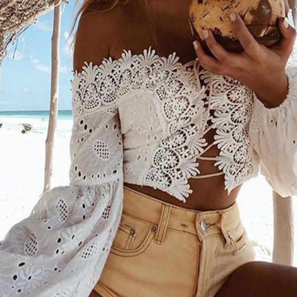 White Crochet Lace Embellished Off The Shoulder Long Sleeves Tee 2