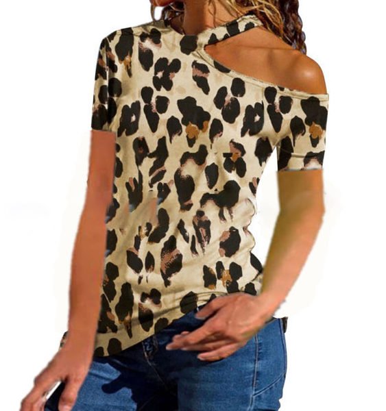 Khaki Leopard Cold Shoulder Short Sleeves Tee 2
