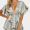 Silver V-neck Cut Out Self-tie Playsuit 3