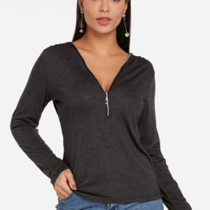 Black Zip & Button Design Plain V-neck Half Sleeves T-shirts