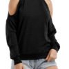 Black Cut Out Cold Shoulder Round Neck Long Sleeves Loose T-shirt 3