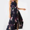 Navy Side Split Back Lace-up Random Floral Print Sleeveless Dress 3